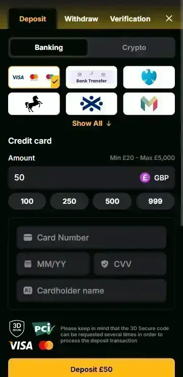 Deposit interface for Circle of Life casino