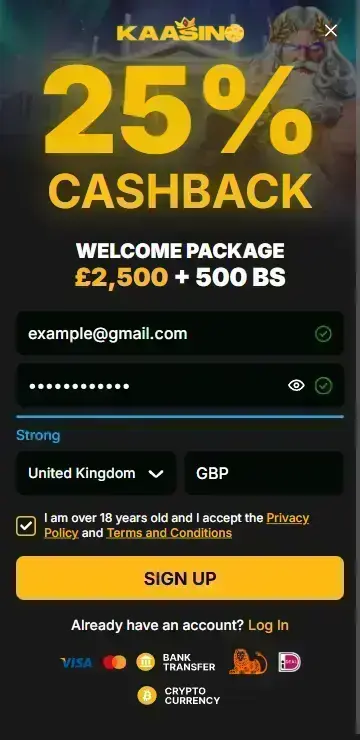 Registration form for playing Circle of Life real money