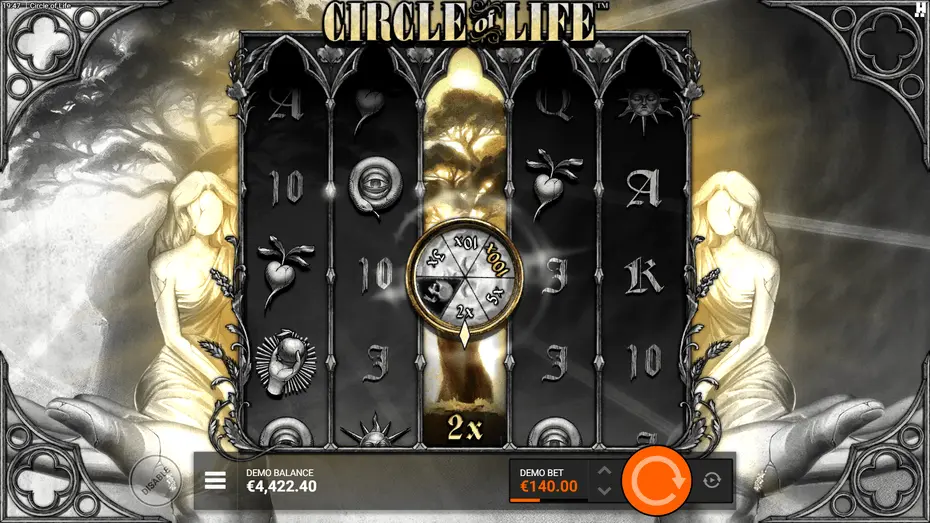 Circle of Life Hacksaw Gaming wheel spinning showing additive and multiplicative values
